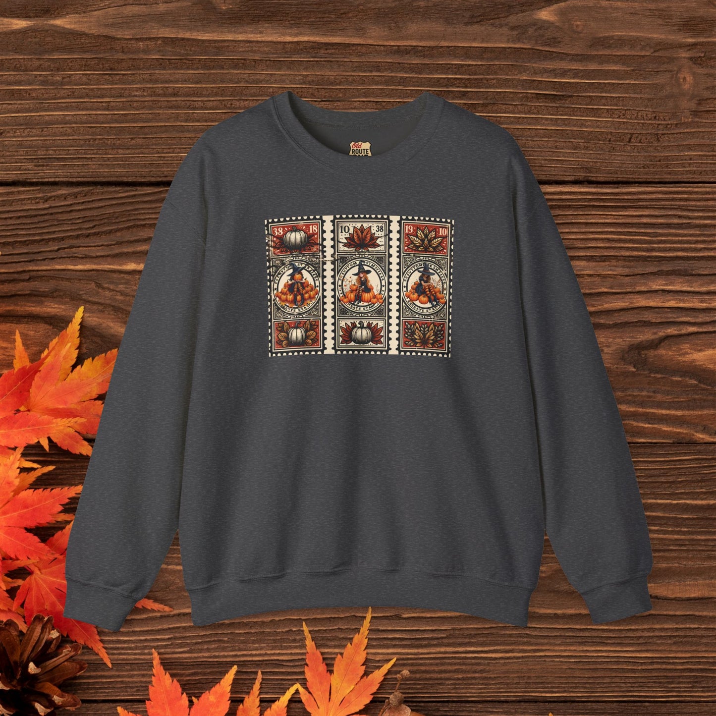 Three Magical Witch Stamps with Pumpkins, gift for her Crewneck Sweatshirt Cozy Fall Apparel Halloween Gift Fleece Seasonal Fashion