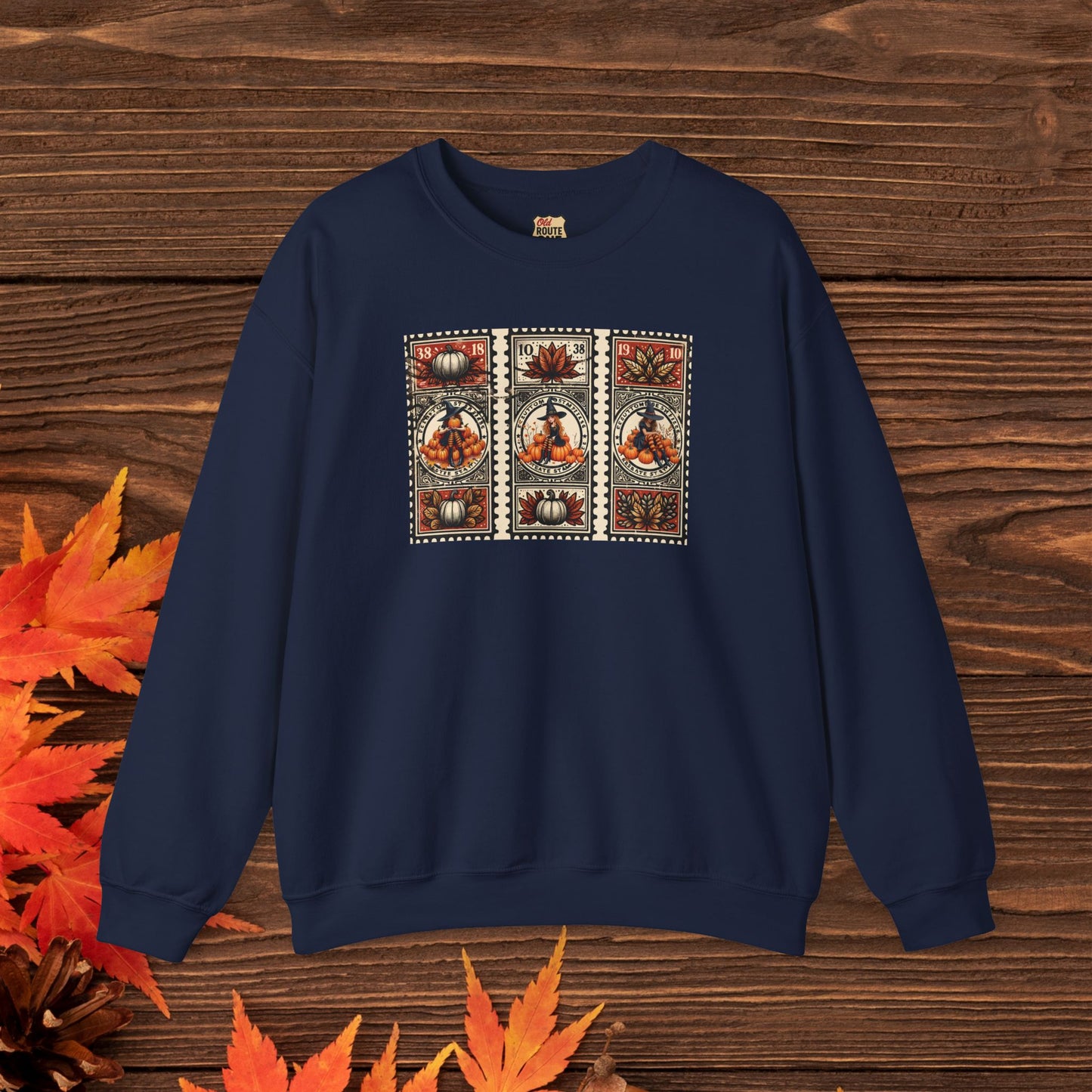 Three Magical Witch Stamps with Pumpkins, gift for her Crewneck Sweatshirt Cozy Fall Apparel Halloween Gift Fleece Seasonal Fashion