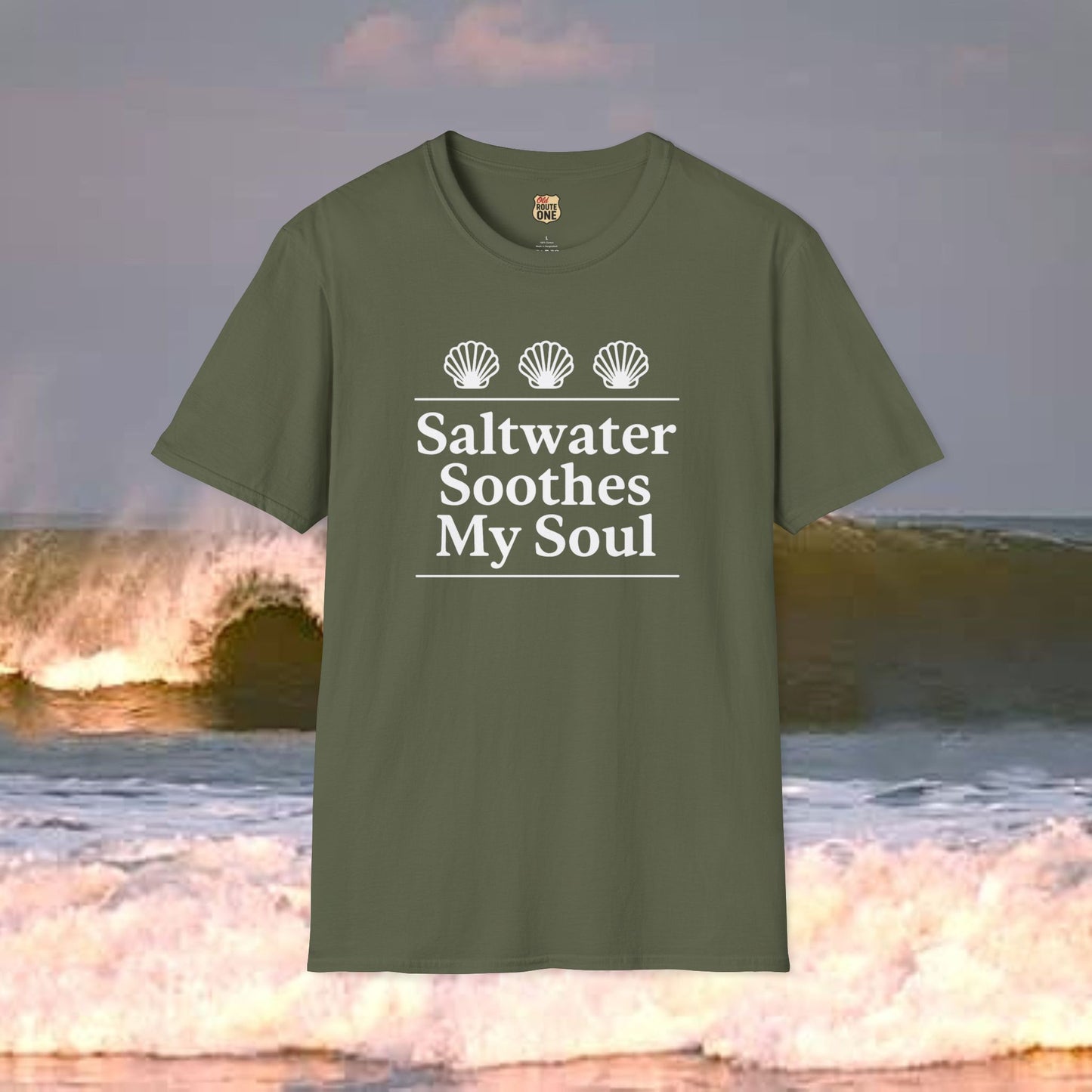 Saltwater Soothes My Soul shell t-shirt, Gildan 64000 Softstyle T-Shirt, Comfortable Graphic Tee, Casual Wear, Gift for Him/Her, Everyday Style, Summer Essential