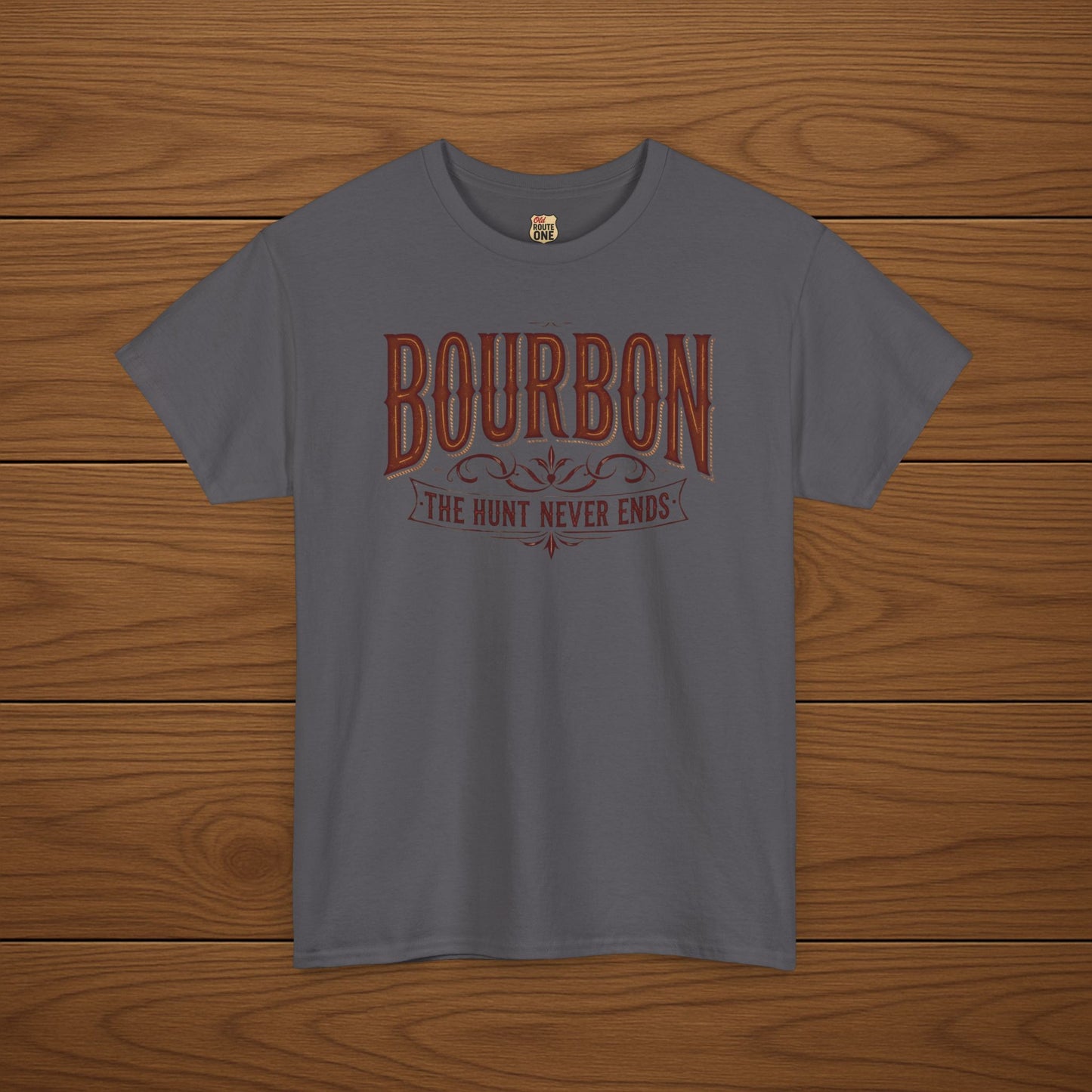 Bourbon The Hunt Never Ends, Bourbon Lover Shirt For Men Gift Idea For Dad Birthday Present For Him Bar Wear Brown Cotton Casual Tee Graphic Design Spirit Quote Drinking