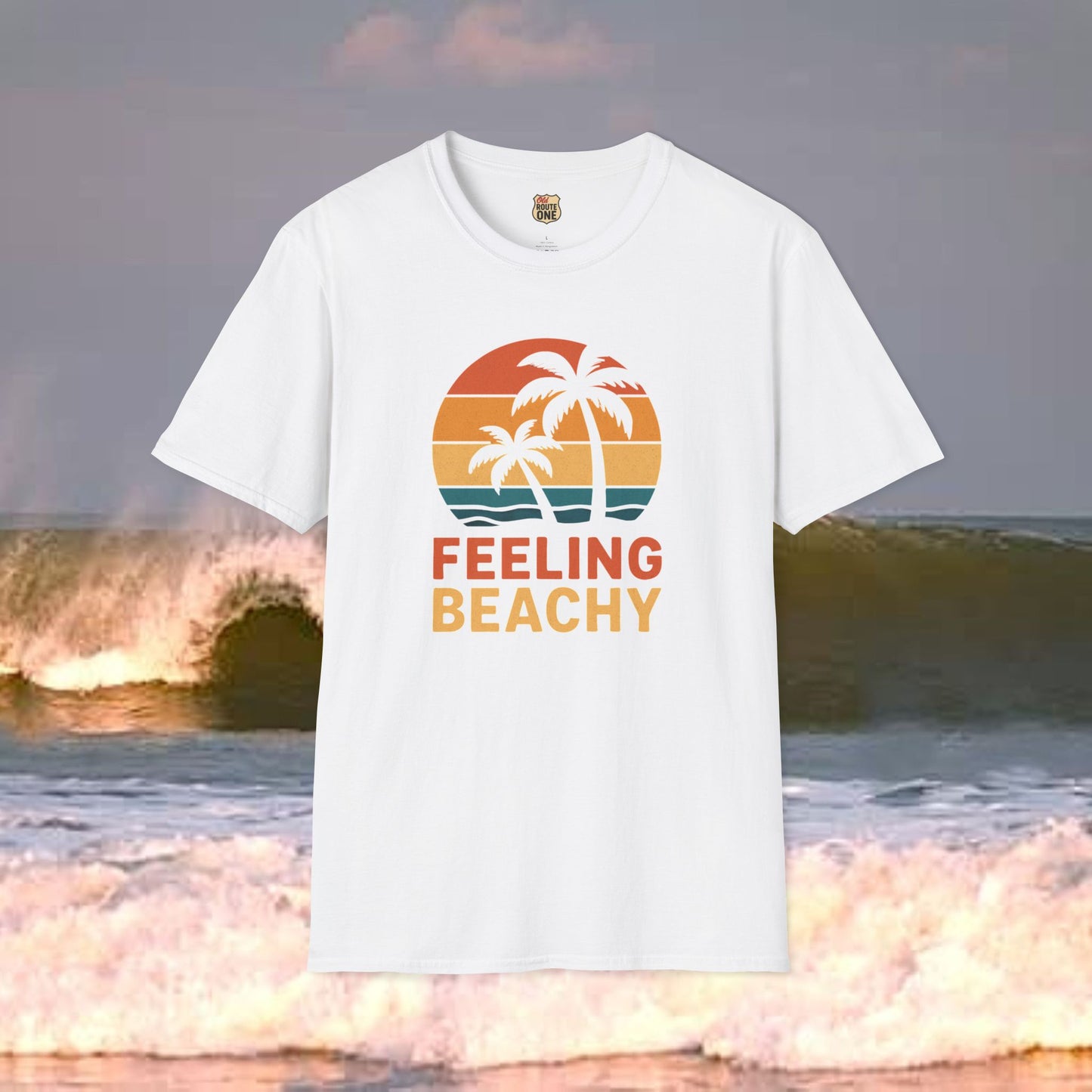 Feeling Beachy sunset palms, Gildan 64000 Softstyle T-Shirt, Comfortable Graphic Tee, Casual Wear, Gift for Him/Her, Everyday Style, Summer Essential