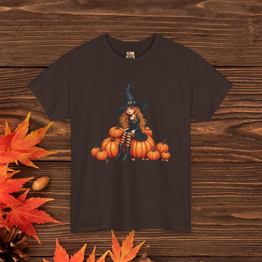 Magical Pumpkin Witch Tee, Unisex Heavy Cotton T-Shirt, Spooky Fall Apparel, Halloween Costume Top, Autumn Graphic Tee