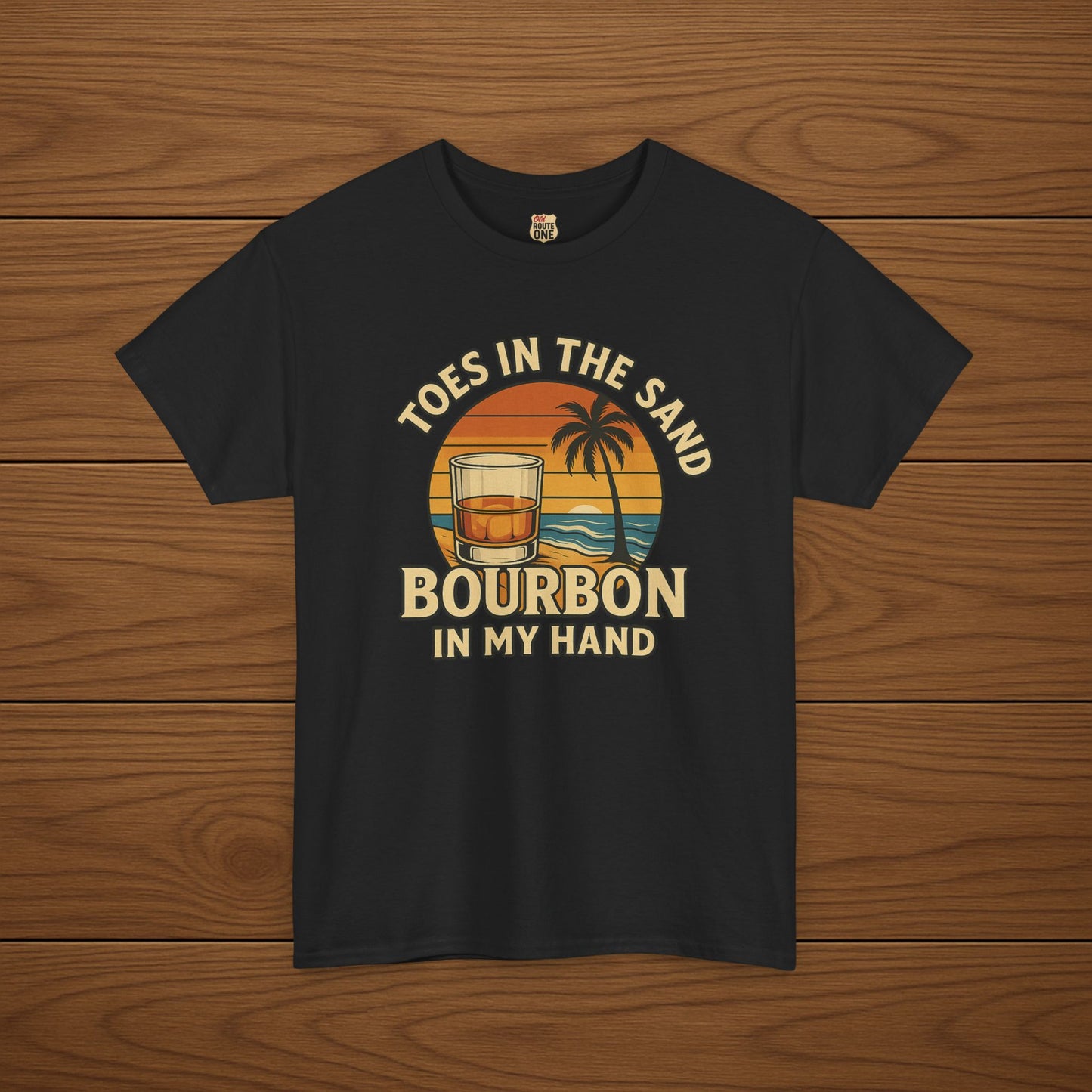 Toes in the Sand Bourbon in my Hand Cotton T-shirt, Stylish Casual Wear, Gift for Whiskey Enthusiasts, Perfect for Parties & Celebrations