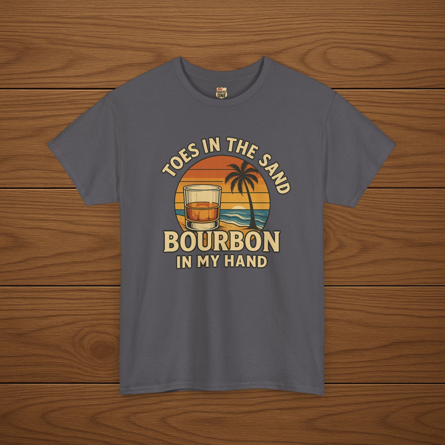 Toes in the Sand Bourbon in my Hand Cotton T-shirt, Stylish Casual Wear, Gift for Whiskey Enthusiasts, Perfect for Parties & Celebrations