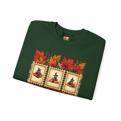 Autumn Leaves Witch Pumpkin gift for her Crewneck Sweatshirt Cozy Fall Apparel Halloween Gift Fleece Seasonal Fashion