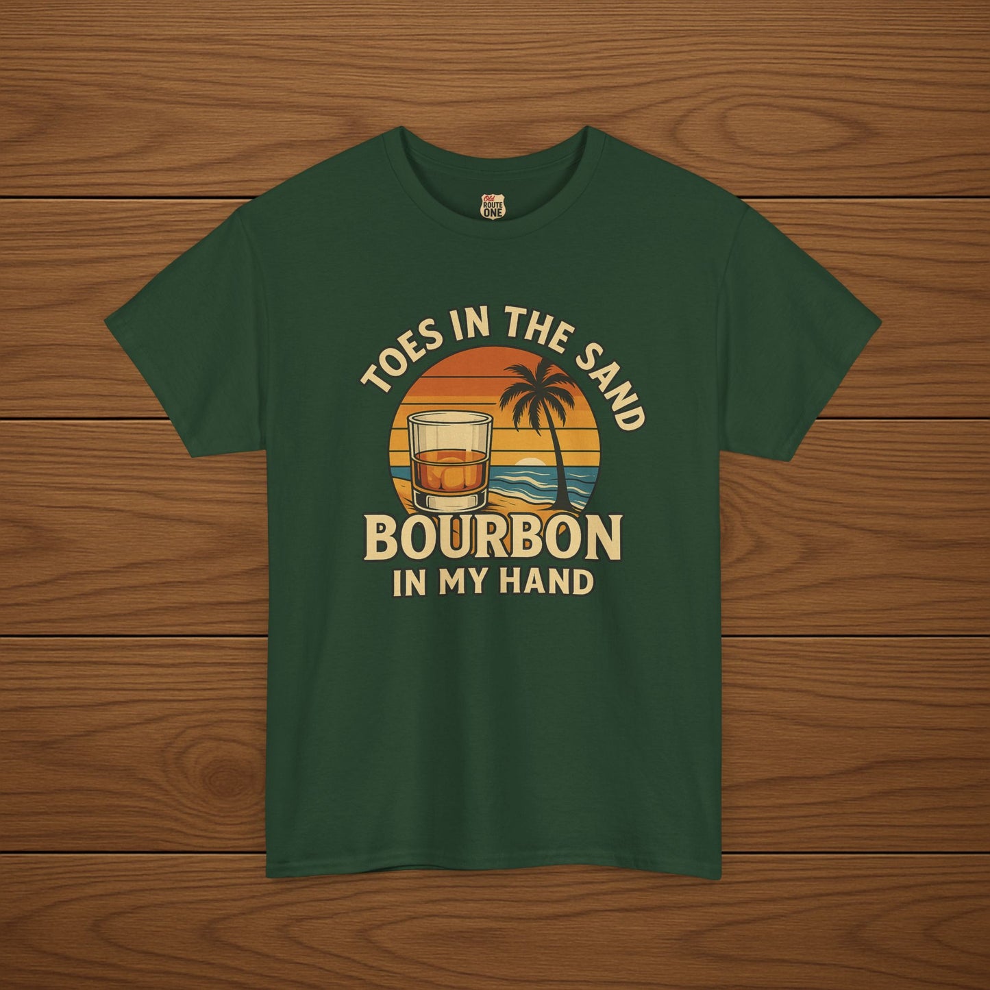 Toes in the Sand Bourbon in my Hand Cotton T-shirt, Stylish Casual Wear, Gift for Whiskey Enthusiasts, Perfect for Parties & Celebrations