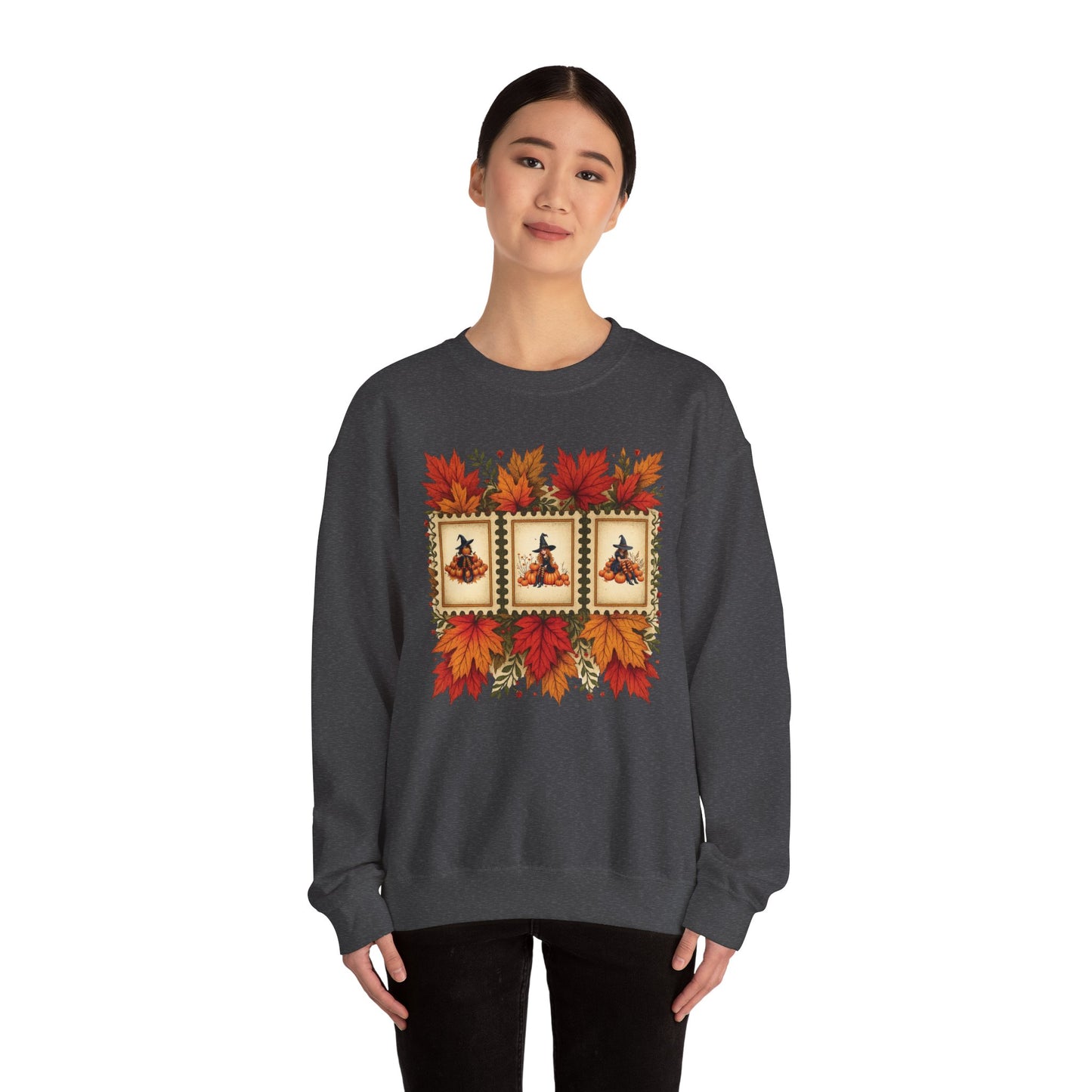 Autumn Leaves Witch Pumpkin gift for her Crewneck Sweatshirt Cozy Fall Apparel Halloween Gift Fleece Seasonal Fashion