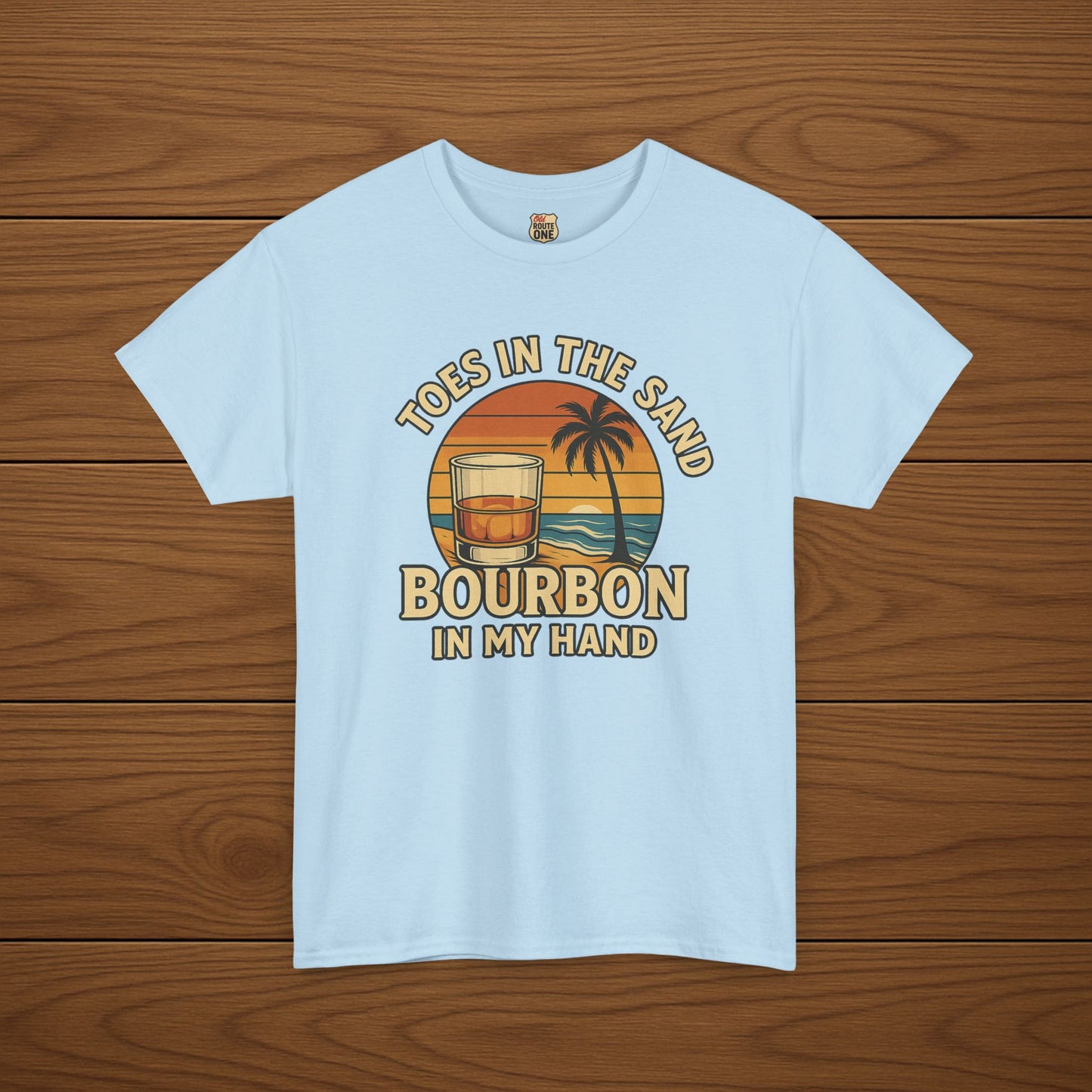 Toes in the Sand Bourbon in my Hand Cotton T-shirt, Stylish Casual Wear, Gift for Whiskey Enthusiasts, Perfect for Parties & Celebrations