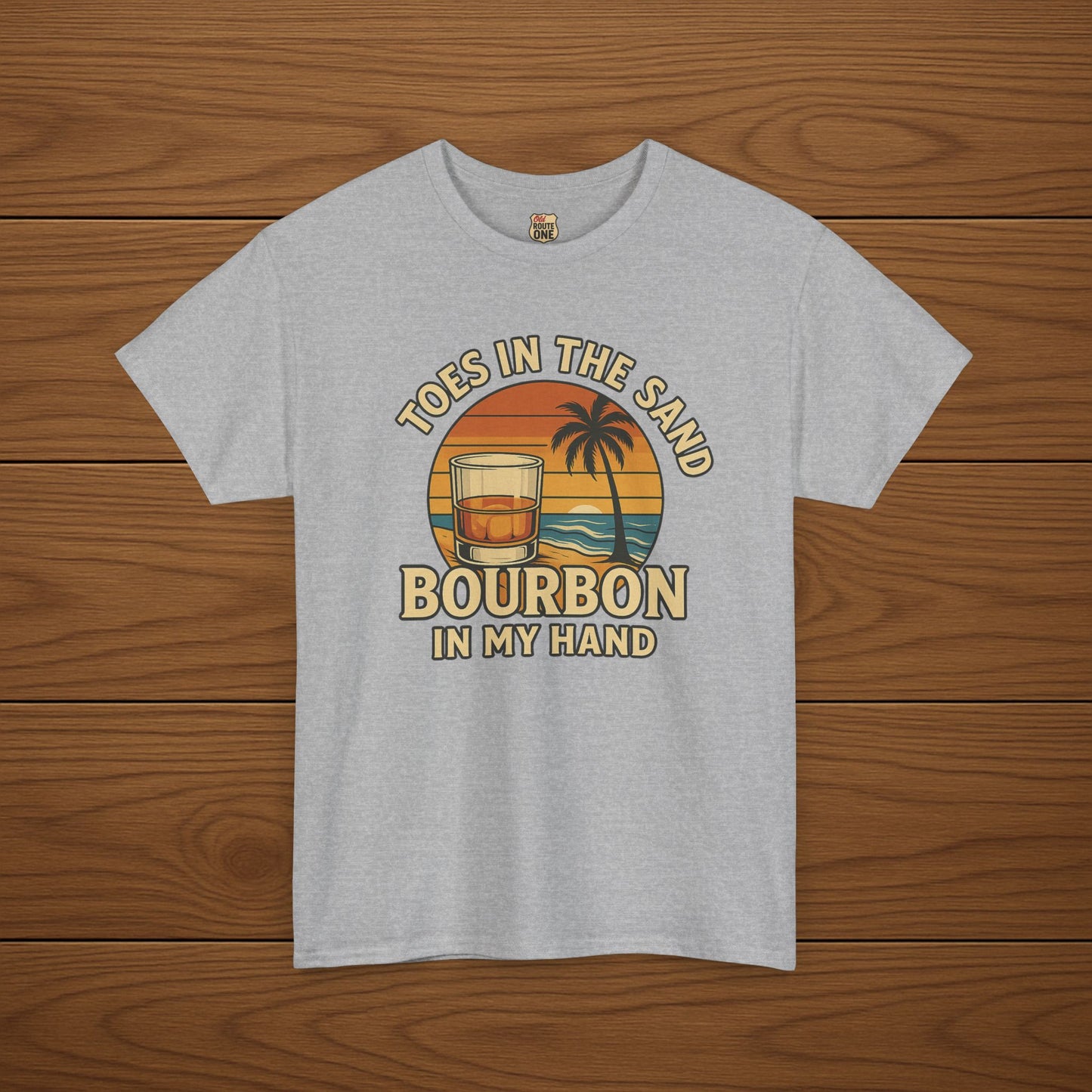 Toes in the Sand Bourbon in my Hand Cotton T-shirt, Stylish Casual Wear, Gift for Whiskey Enthusiasts, Perfect for Parties & Celebrations