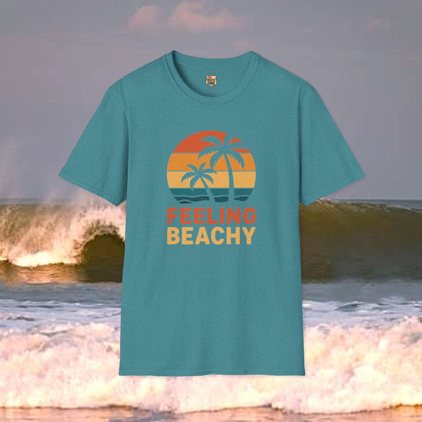 Feeling Beachy sunset palms, Gildan 64000 Softstyle T-Shirt, Comfortable Graphic Tee, Casual Wear, Gift for Him/Her, Everyday Style, Summer Essential