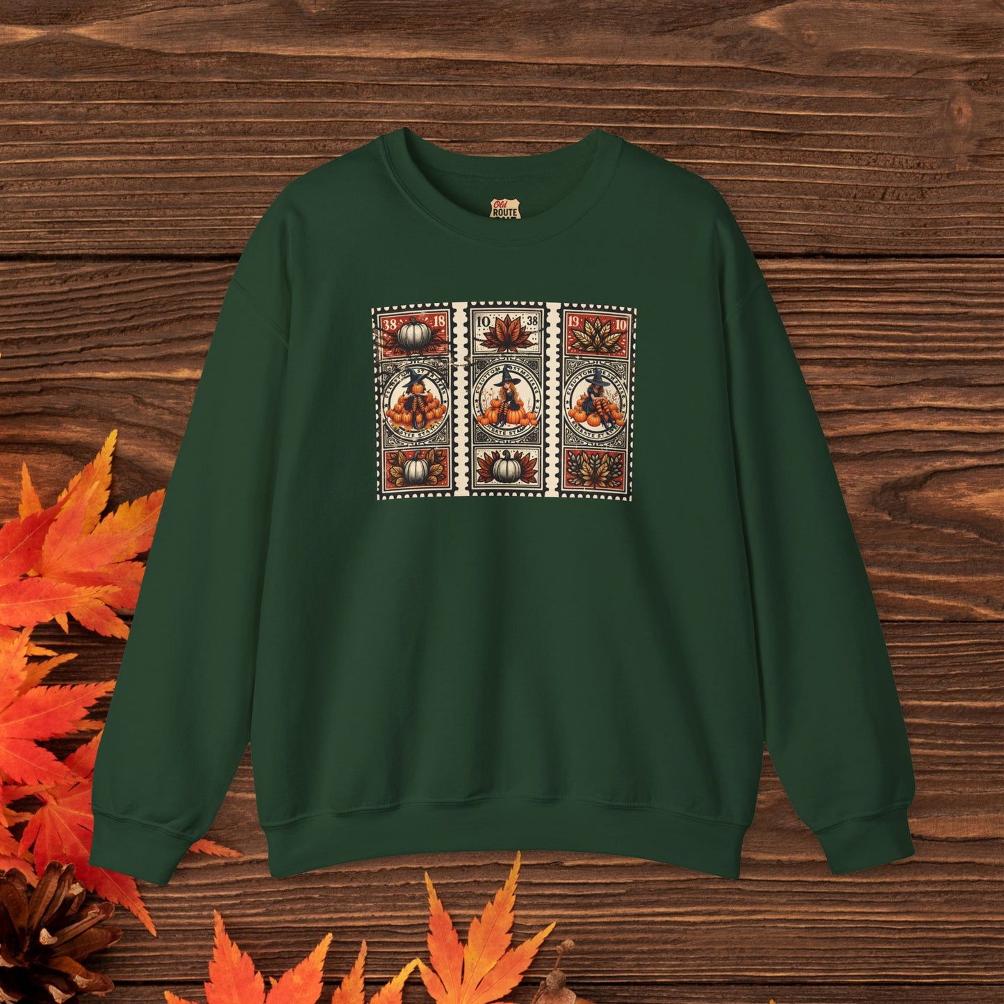Three Magical Witch Stamps with Pumpkins, gift for her Crewneck Sweatshirt Cozy Fall Apparel Halloween Gift Fleece Seasonal Fashion