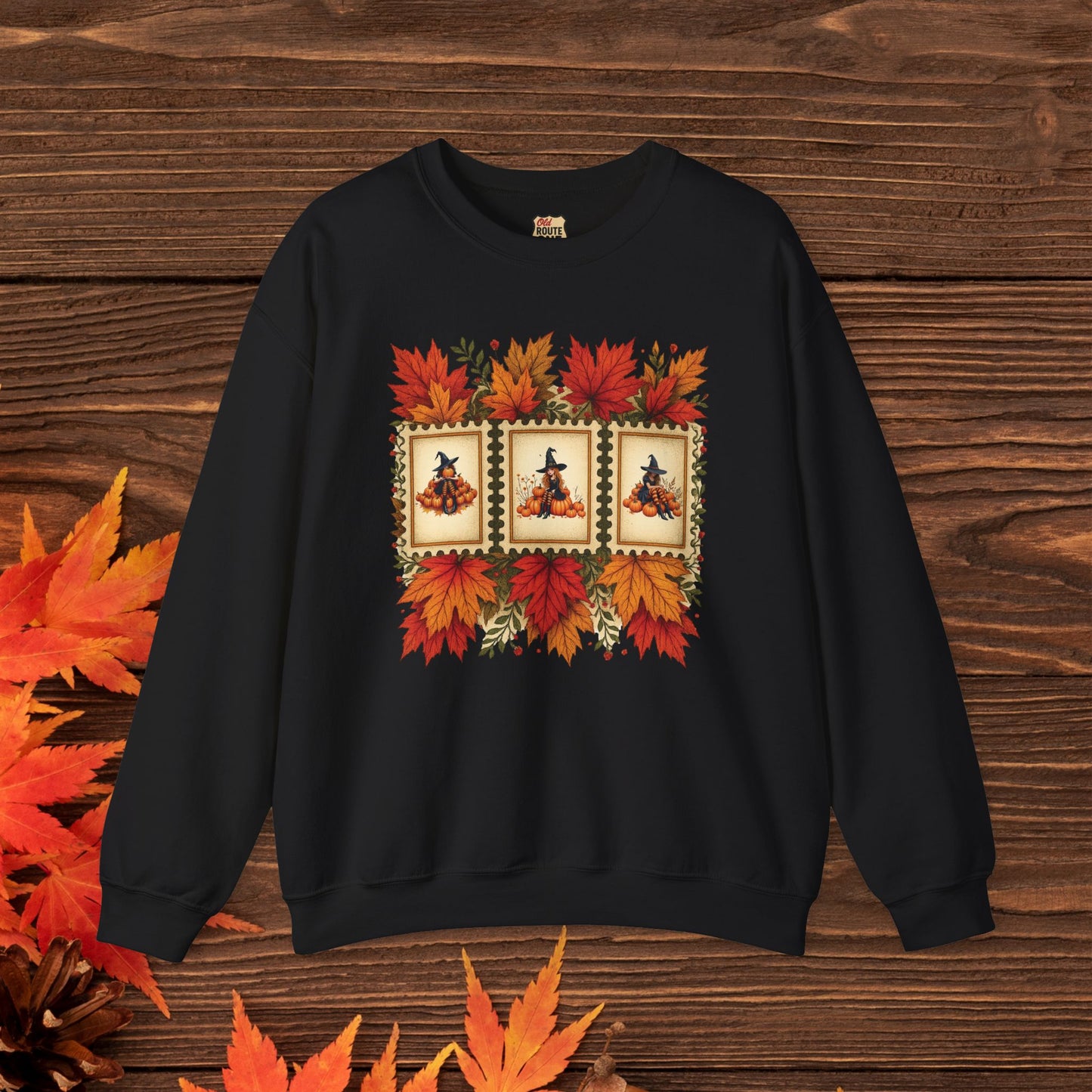 Autumn Leaves Witch Pumpkin gift for her Crewneck Sweatshirt Cozy Fall Apparel Halloween Gift Fleece Seasonal Fashion