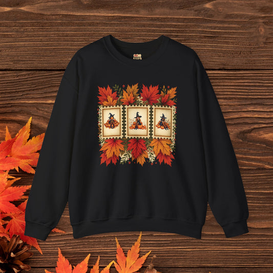 Autumn Leaves Witch Pumpkin gift for her Crewneck Sweatshirt Cozy Fall Apparel Halloween Gift Fleece Seasonal Fashion