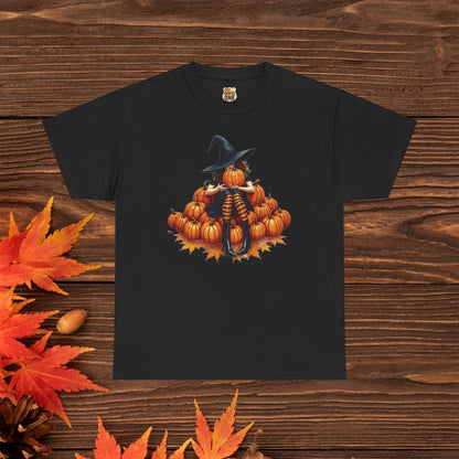 Peeking Witch & Pumpkin Tee, Unisex Heavy Cotton T-Shirt, Spooky Fall Apparel, Halloween Costume Top, Autumn Graphic Tee