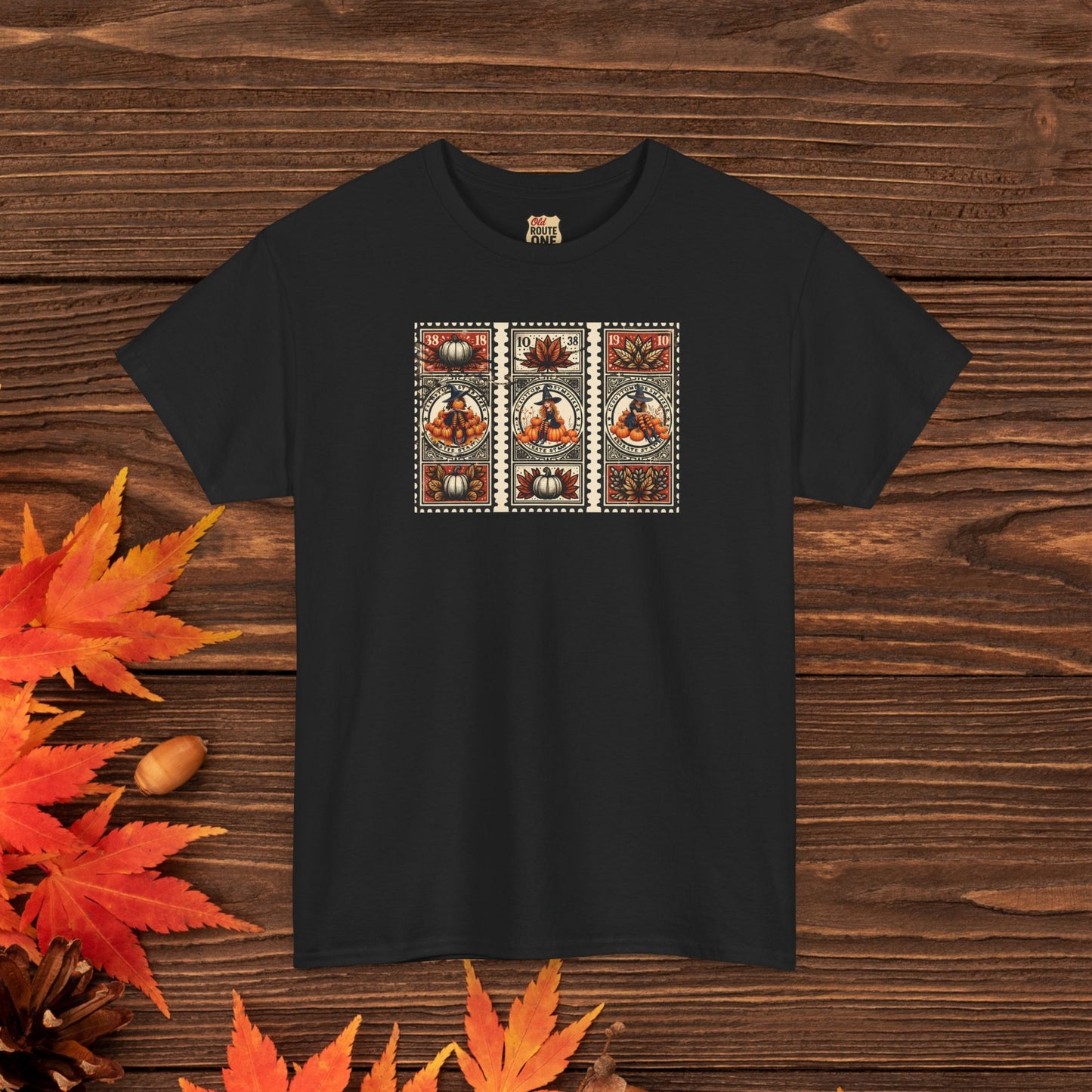 Three Witch Stamp Tee, Unisex Heavy Cotton T-Shirt, Spooky Fall Apparel, Halloween Costume Top, Autumn Graphic Tee