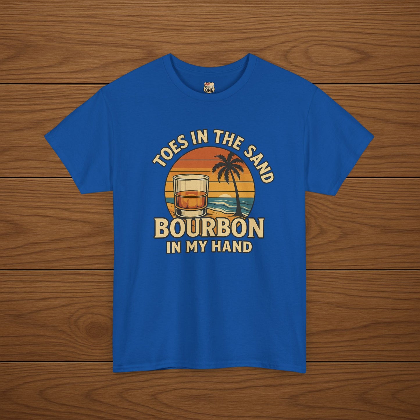 Toes in the Sand Bourbon in my Hand Cotton T-shirt, Stylish Casual Wear, Gift for Whiskey Enthusiasts, Perfect for Parties & Celebrations