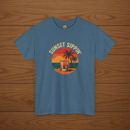 SUNSET SIPPIN' Cotton T-shirt, Stylish Casual Wear, Gift for Whiskey Enthusiasts, Perfect for Parties & Celebrations
