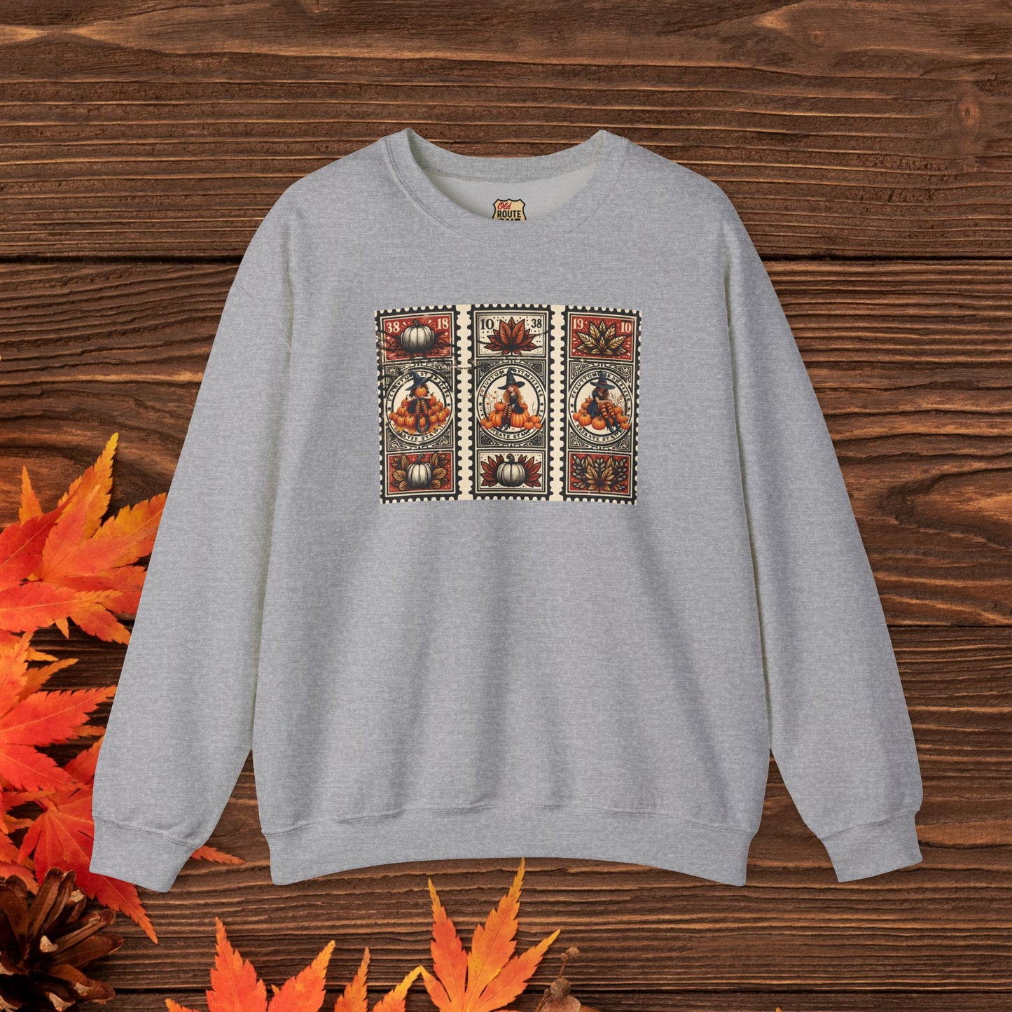 Three Magical Witch Stamps with Pumpkins, gift for her Crewneck Sweatshirt Cozy Fall Apparel Halloween Gift Fleece Seasonal Fashion