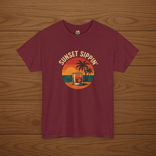 SUNSET SIPPIN' Cotton T-shirt, Stylish Casual Wear, Gift for Whiskey Enthusiasts, Perfect for Parties & Celebrations
