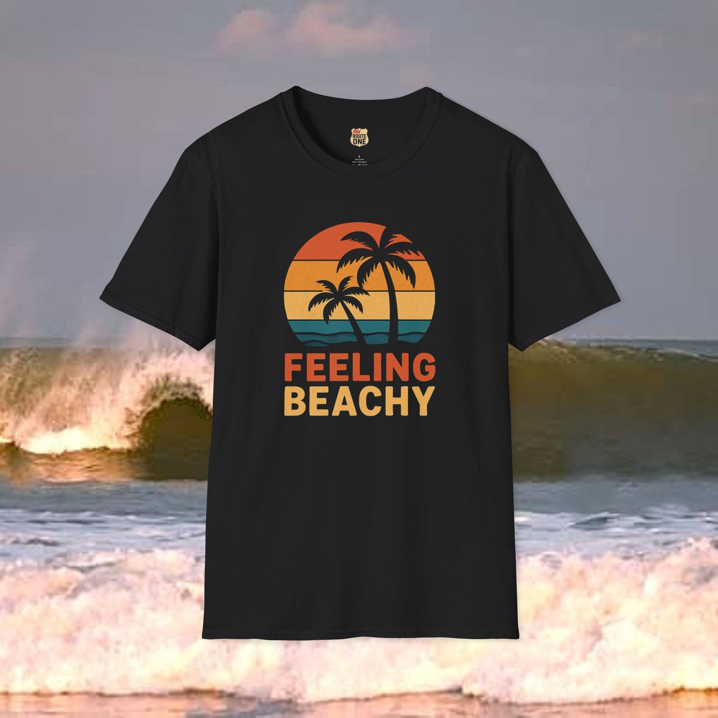 Feeling Beachy sunset palms, Gildan 64000 Softstyle T-Shirt, Comfortable Graphic Tee, Casual Wear, Gift for Him/Her, Everyday Style, Summer Essential
