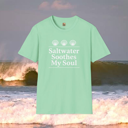Saltwater Soothes My Soul shell t-shirt, Gildan 64000 Softstyle T-Shirt, Comfortable Graphic Tee, Casual Wear, Gift for Him/Her, Everyday Style, Summer Essential