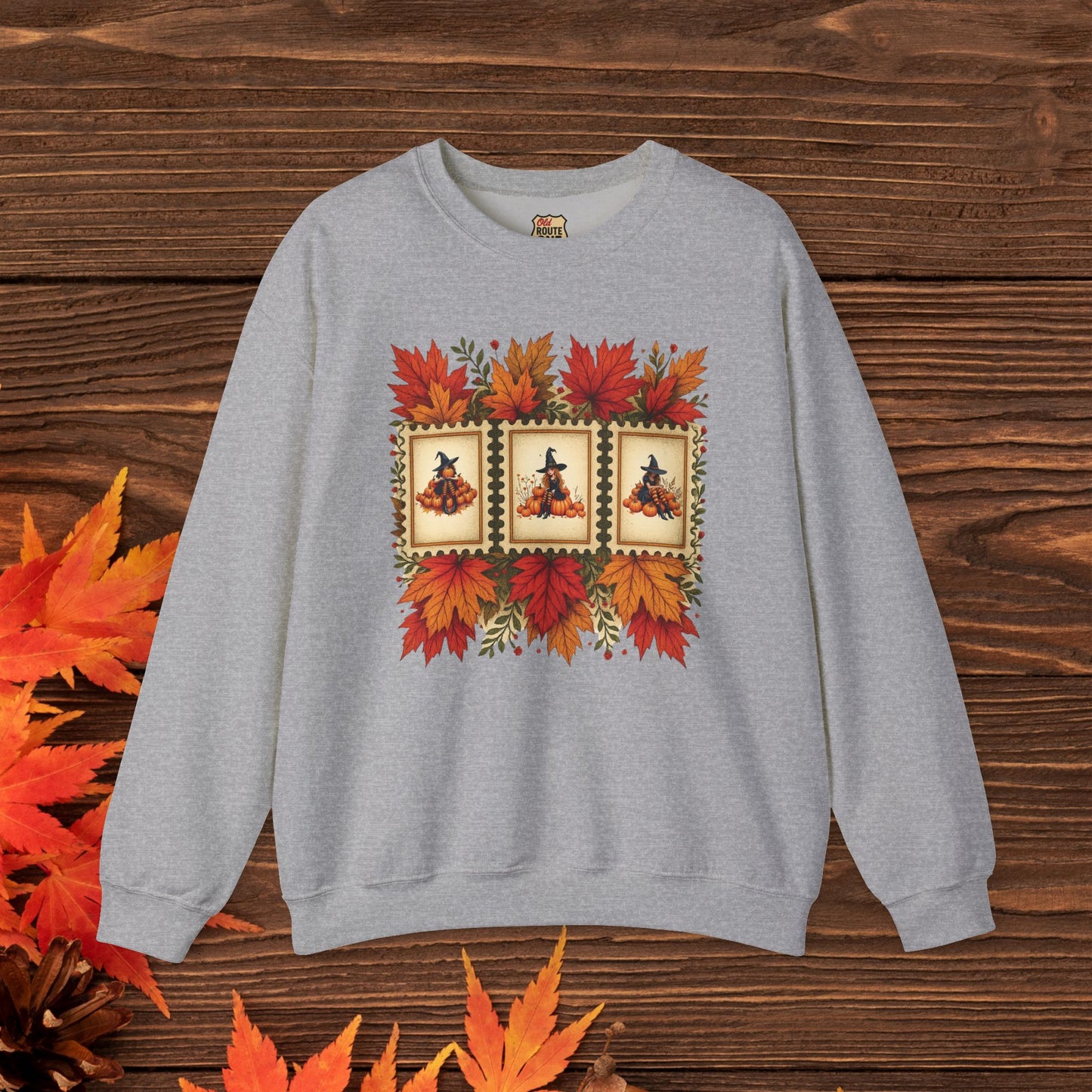 Autumn Leaves Witch Pumpkin gift for her Crewneck Sweatshirt Cozy Fall Apparel Halloween Gift Fleece Seasonal Fashion