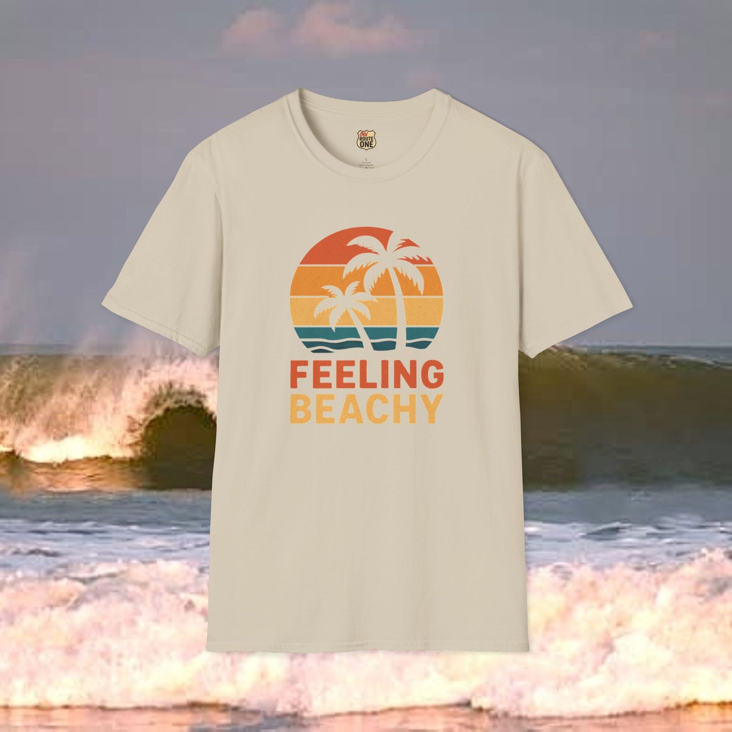 Feeling Beachy sunset palms, Gildan 64000 Softstyle T-Shirt, Comfortable Graphic Tee, Casual Wear, Gift for Him/Her, Everyday Style, Summer Essential