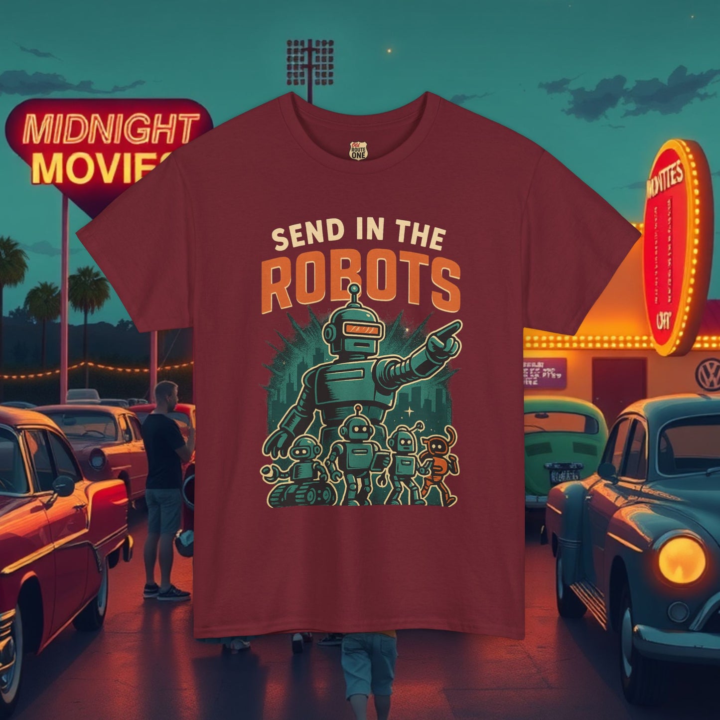 SEND IN THE ROBOTS Awesome Retro Sci-Fi t-shirt