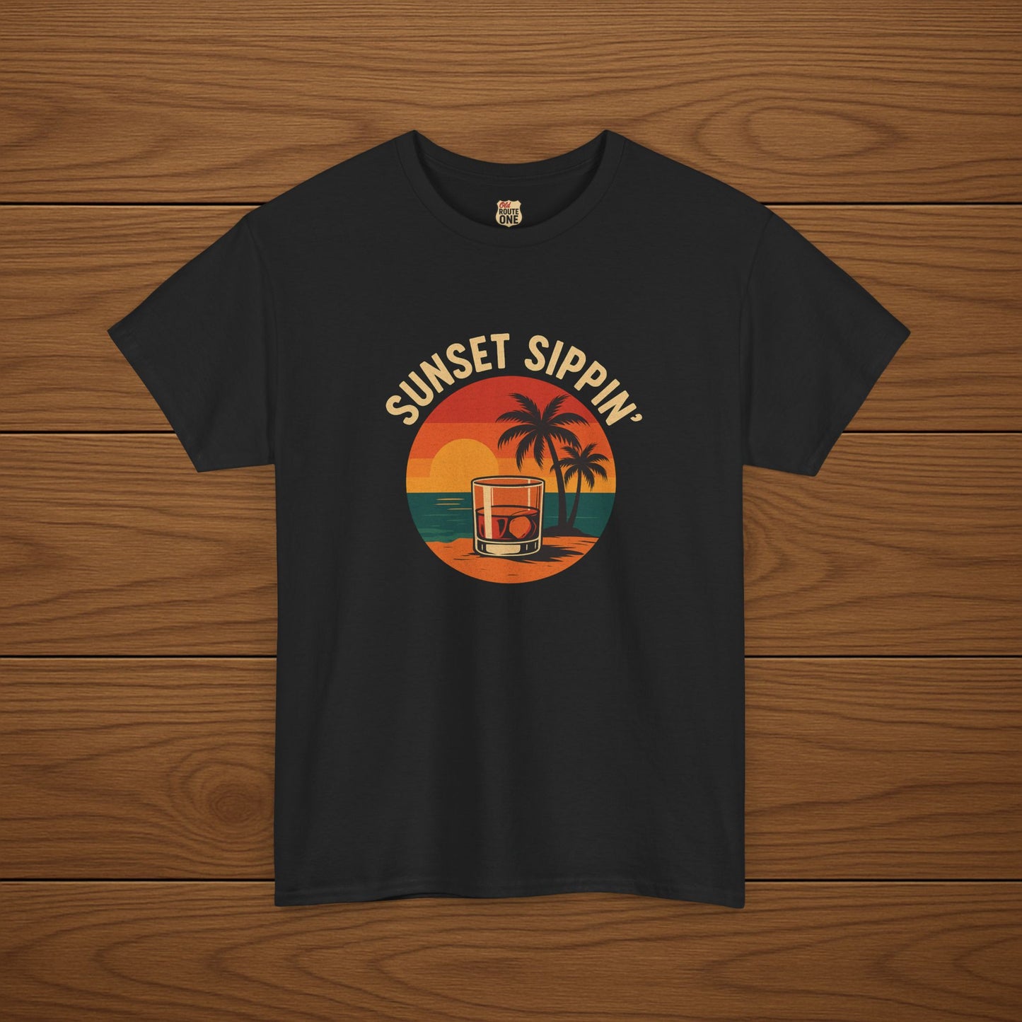 SUNSET SIPPIN' Cotton T-shirt, Stylish Casual Wear, Gift for Whiskey Enthusiasts, Perfect for Parties & Celebrations