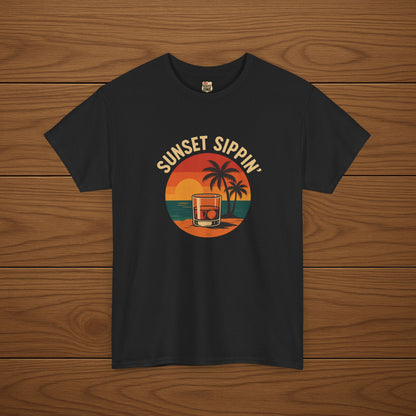 SUNSET SIPPIN' Cotton T-shirt, Stylish Casual Wear, Gift for Whiskey Enthusiasts, Perfect for Parties & Celebrations