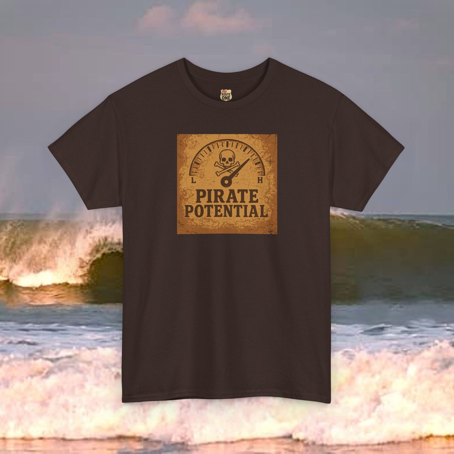 "Pirate Potential" with vintage background, Heavy Cotton Tee, Nautical Gift, Funny Tee, Casual Wear, Pirate Theme Shirt, Adventure Apparel