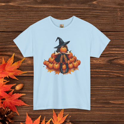 Peeking Witch & Pumpkin Tee, Unisex Heavy Cotton T-Shirt, Spooky Fall Apparel, Halloween Costume Top, Autumn Graphic Tee