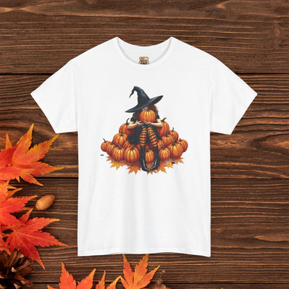 Peeking Witch & Pumpkin Tee, Unisex Heavy Cotton T-Shirt, Spooky Fall Apparel, Halloween Costume Top, Autumn Graphic Tee