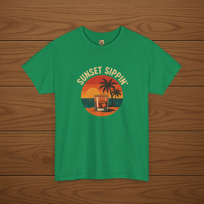 SUNSET SIPPIN' Cotton T-shirt, Stylish Casual Wear, Gift for Whiskey Enthusiasts, Perfect for Parties & Celebrations