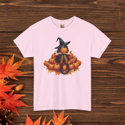 Peeking Witch & Pumpkin Tee, Unisex Heavy Cotton T-Shirt, Spooky Fall Apparel, Halloween Costume Top, Autumn Graphic Tee
