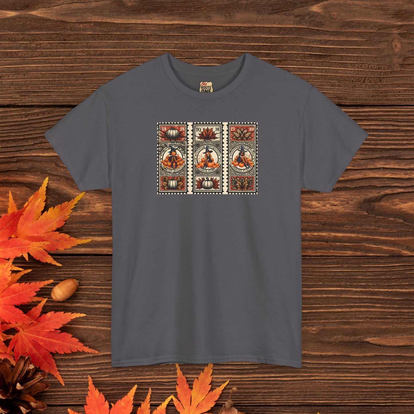 Three Witch Stamp Tee, Unisex Heavy Cotton T-Shirt, Spooky Fall Apparel, Halloween Costume Top, Autumn Graphic Tee