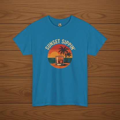 SUNSET SIPPIN' Cotton T-shirt, Stylish Casual Wear, Gift for Whiskey Enthusiasts, Perfect for Parties & Celebrations