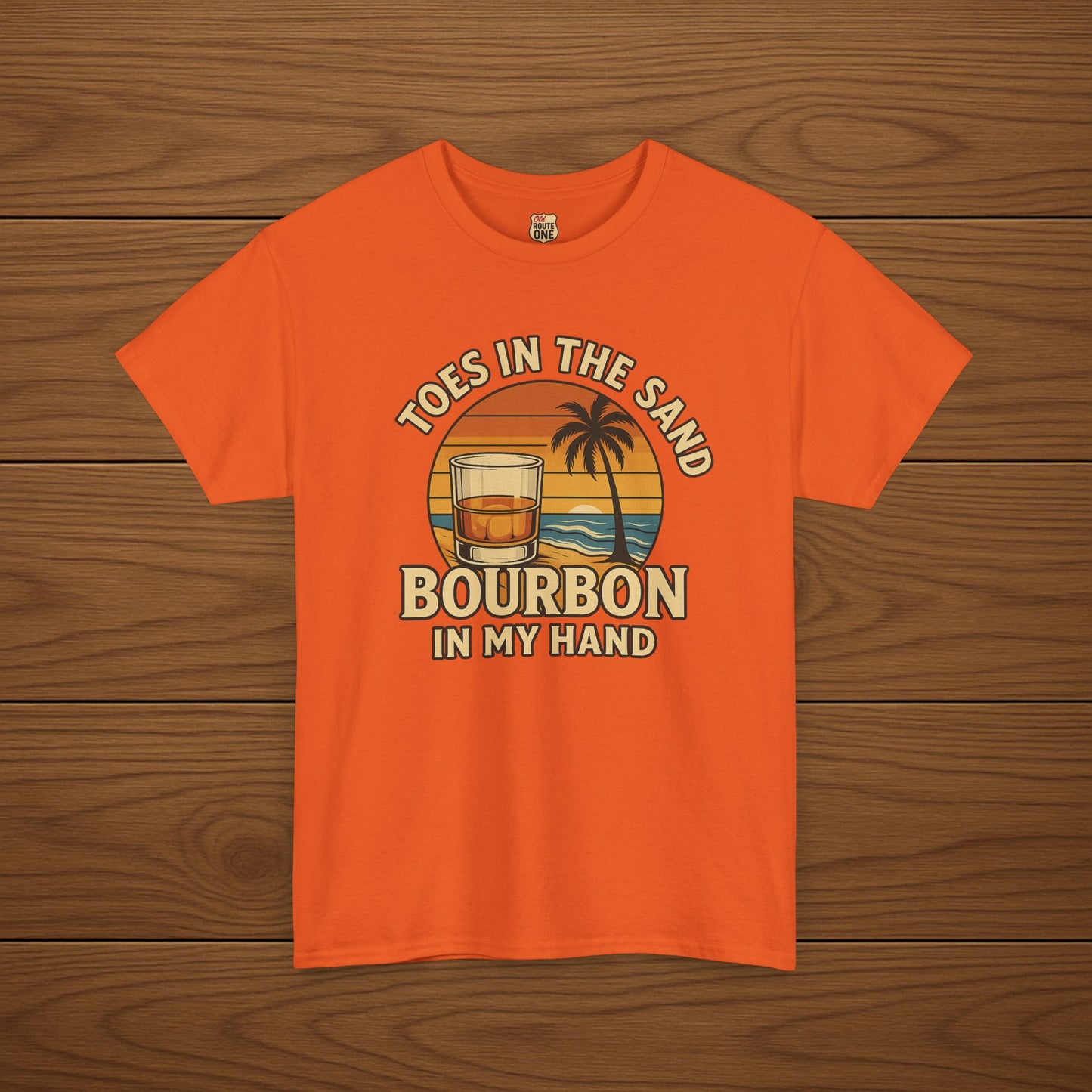 Toes in the Sand Bourbon in my Hand Cotton T-shirt, Stylish Casual Wear, Gift for Whiskey Enthusiasts, Perfect for Parties & Celebrations
