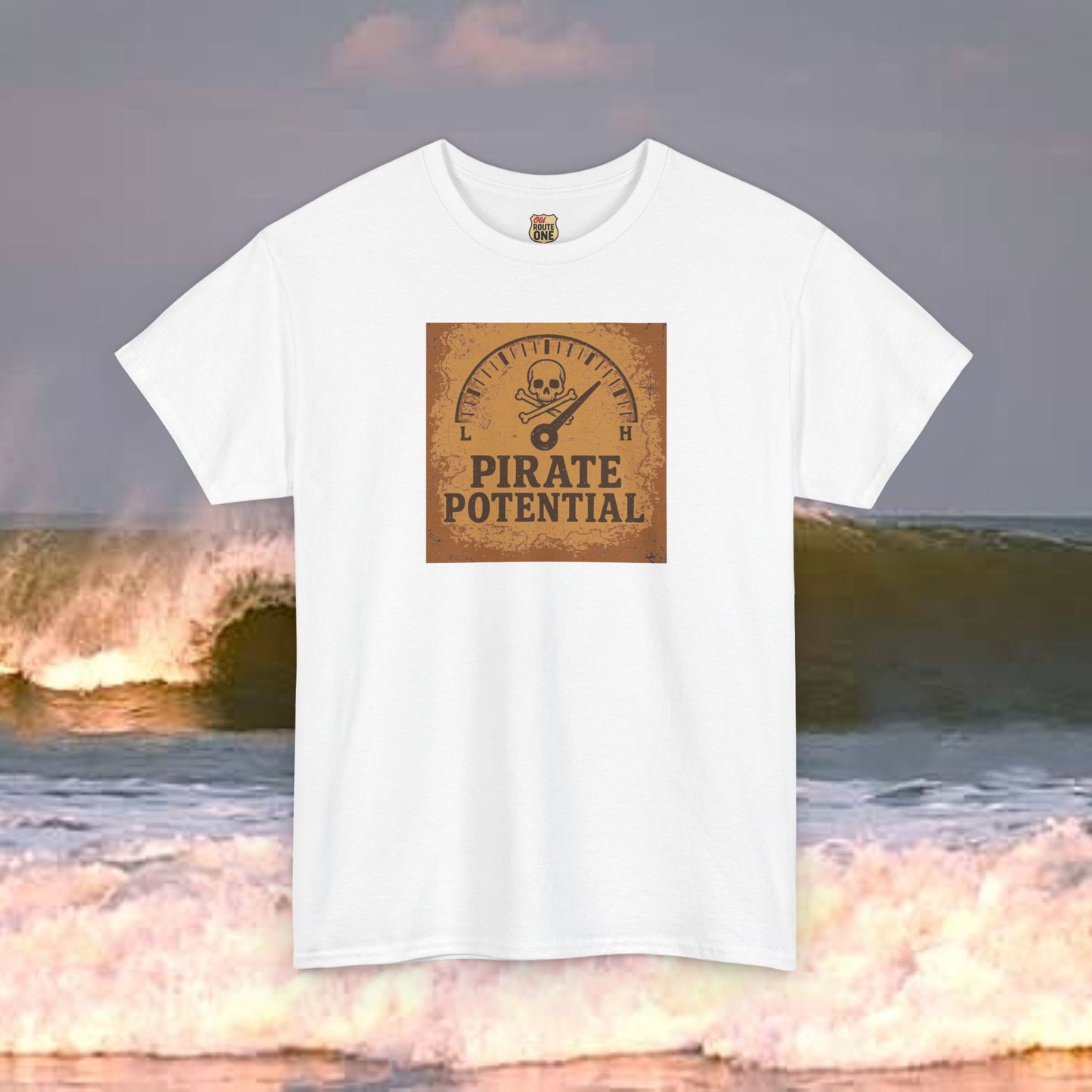"Pirate Potential" with vintage background, Heavy Cotton Tee, Nautical Gift, Funny Tee, Casual Wear, Pirate Theme Shirt, Adventure Apparel