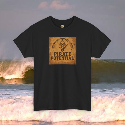 "Pirate Potential" with vintage background, Heavy Cotton Tee, Nautical Gift, Funny Tee, Casual Wear, Pirate Theme Shirt, Adventure Apparel