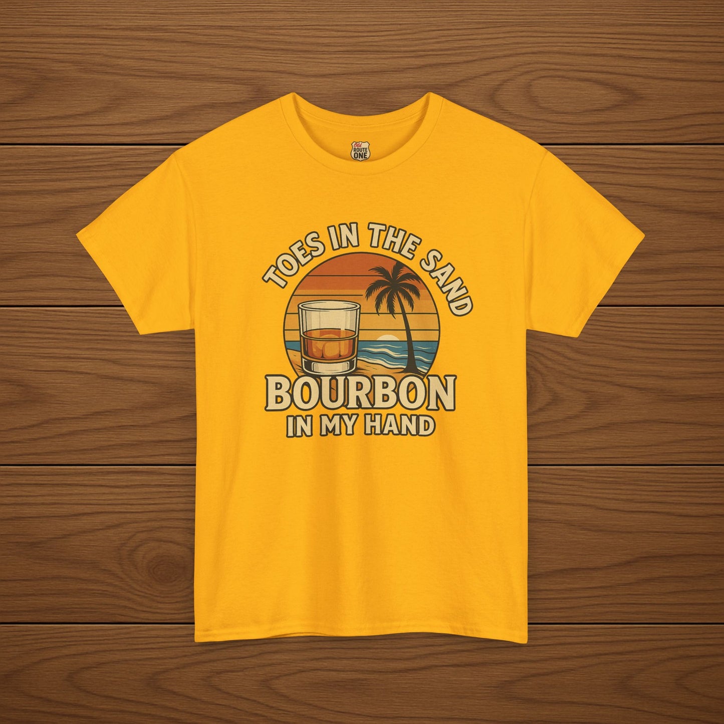 Toes in the Sand Bourbon in my Hand Cotton T-shirt, Stylish Casual Wear, Gift for Whiskey Enthusiasts, Perfect for Parties & Celebrations