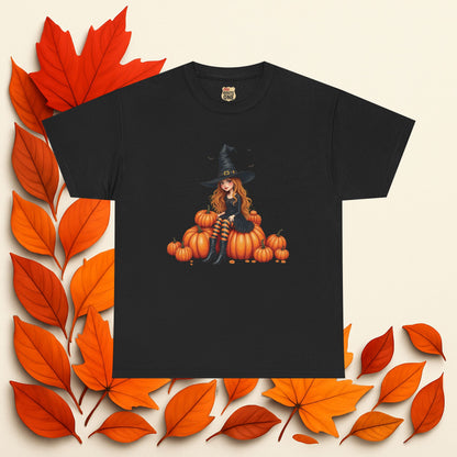 Magical Pumpkin Witch Tee, Unisex Heavy Cotton T-Shirt, Spooky Fall Apparel, Halloween Costume Top, Autumn Graphic Tee