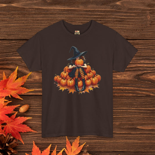 Peeking Witch & Pumpkin Tee, Unisex Heavy Cotton T-Shirt, Spooky Fall Apparel, Halloween Costume Top, Autumn Graphic Tee