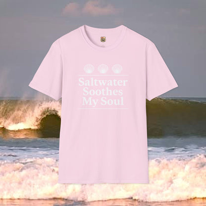 Saltwater Soothes My Soul shell t-shirt, Gildan 64000 Softstyle T-Shirt, Comfortable Graphic Tee, Casual Wear, Gift for Him/Her, Everyday Style, Summer Essential