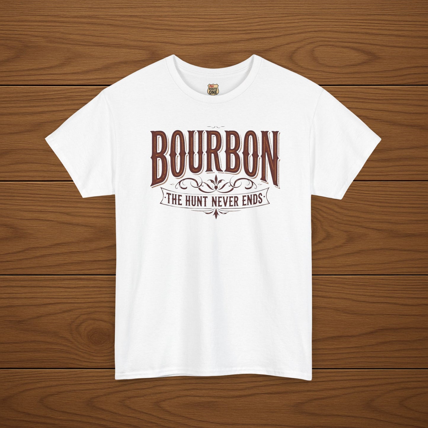 Bourbon The Hunt Never Ends, Bourbon Lover Shirt For Men Gift Idea For Dad Birthday Present For Him Bar Wear Brown Cotton Casual Tee Graphic Design Spirit Quote Drinking