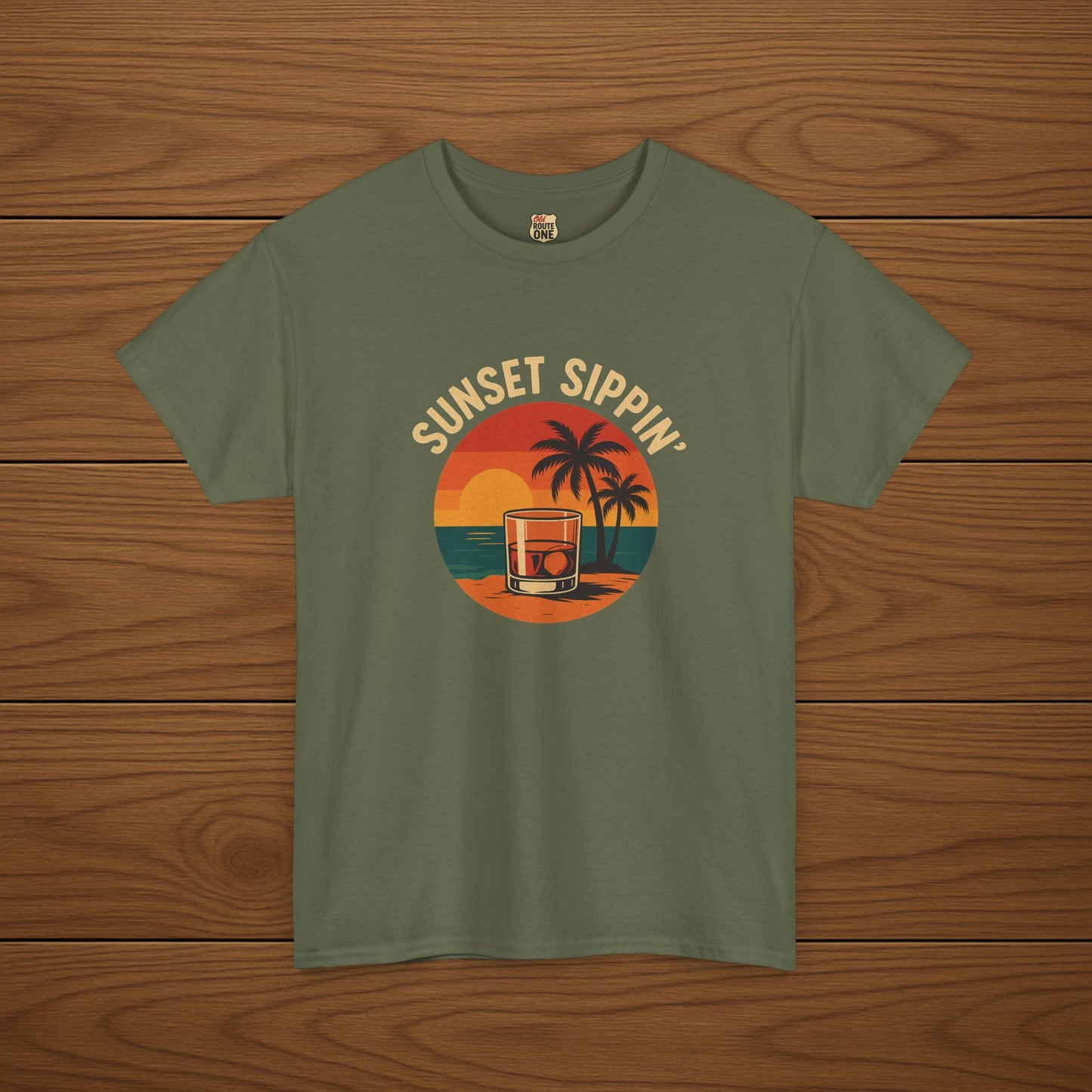 SUNSET SIPPIN' Cotton T-shirt, Stylish Casual Wear, Gift for Whiskey Enthusiasts, Perfect for Parties & Celebrations