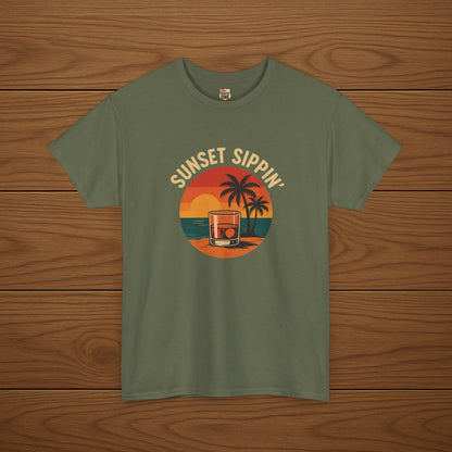 SUNSET SIPPIN' Cotton T-shirt, Stylish Casual Wear, Gift for Whiskey Enthusiasts, Perfect for Parties & Celebrations