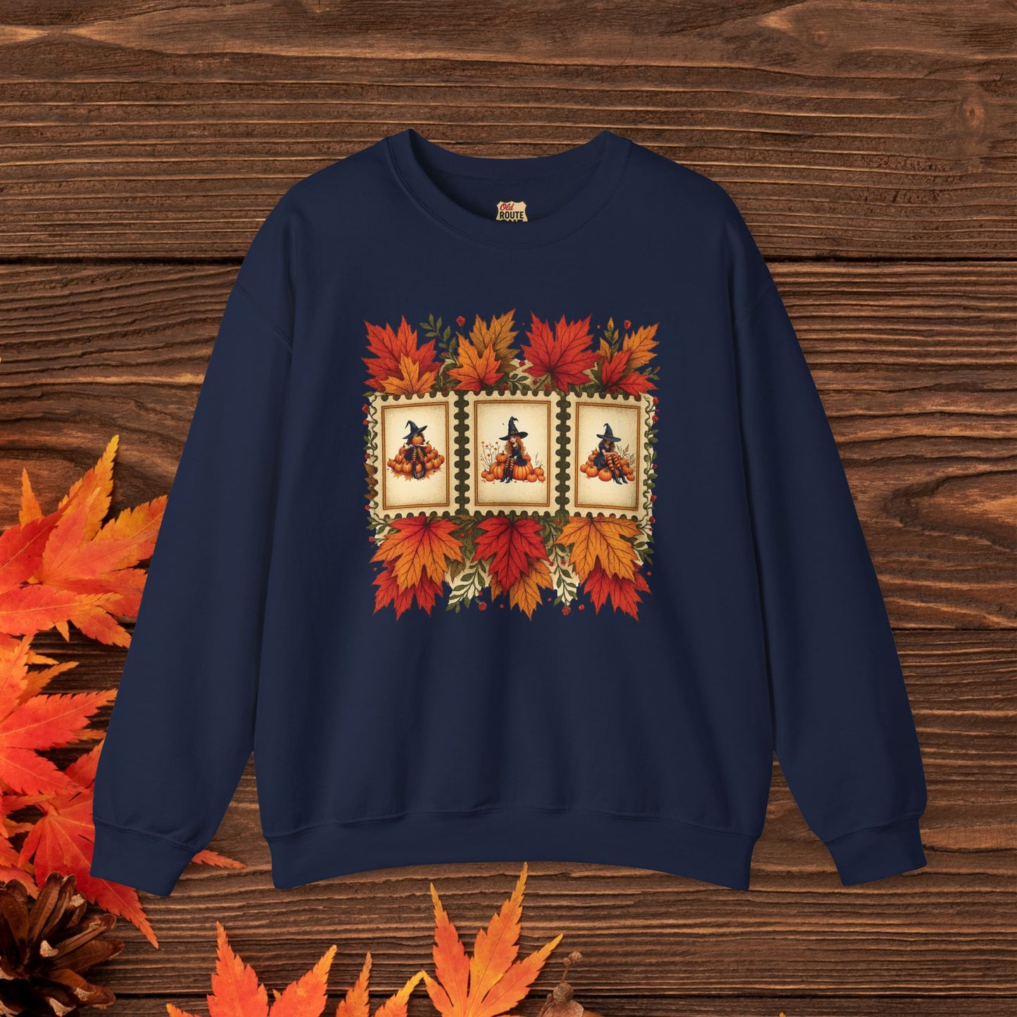 Autumn Leaves Witch Pumpkin gift for her Crewneck Sweatshirt Cozy Fall Apparel Halloween Gift Fleece Seasonal Fashion