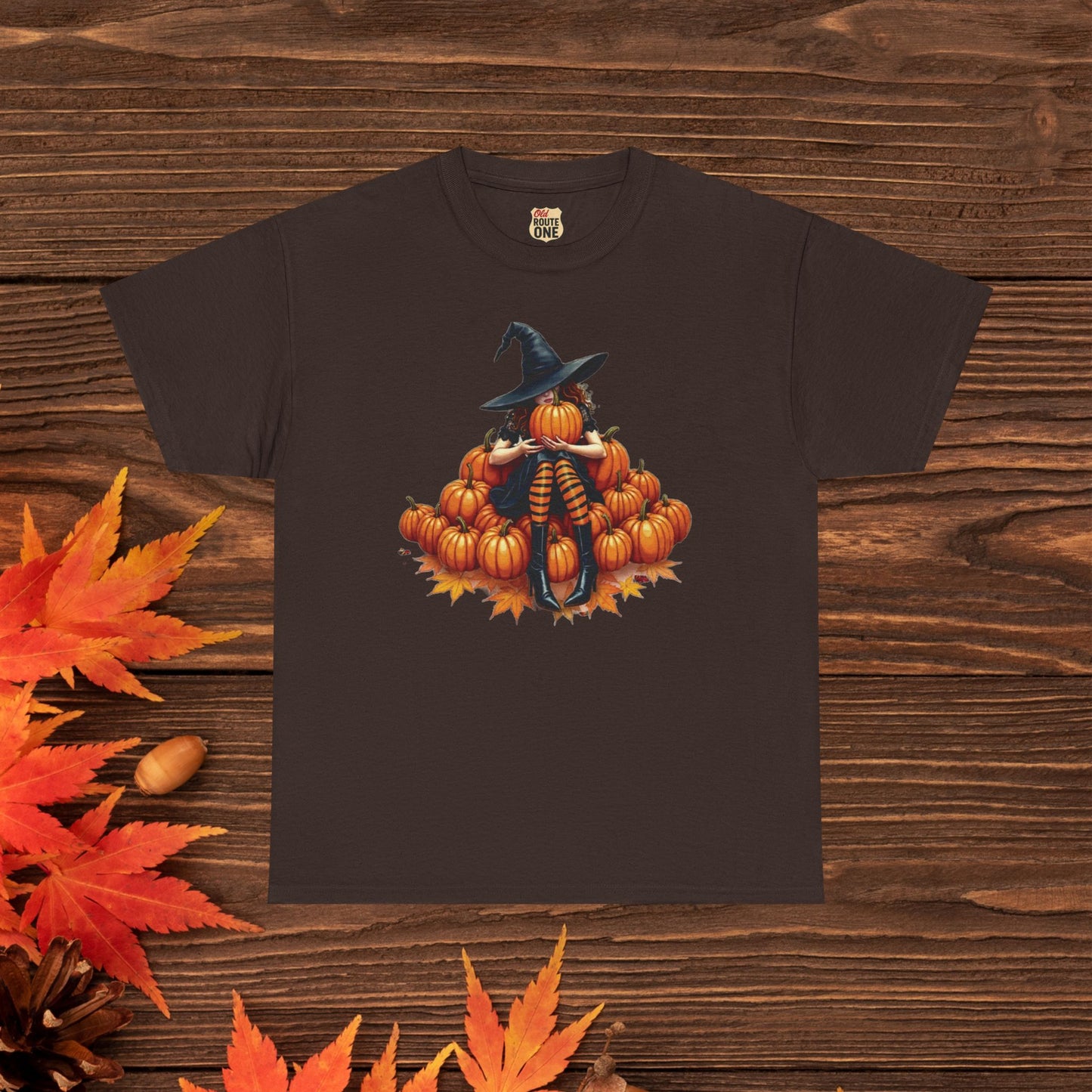 Peeking Witch & Pumpkin Tee, Unisex Heavy Cotton T-Shirt, Spooky Fall Apparel, Halloween Costume Top, Autumn Graphic Tee