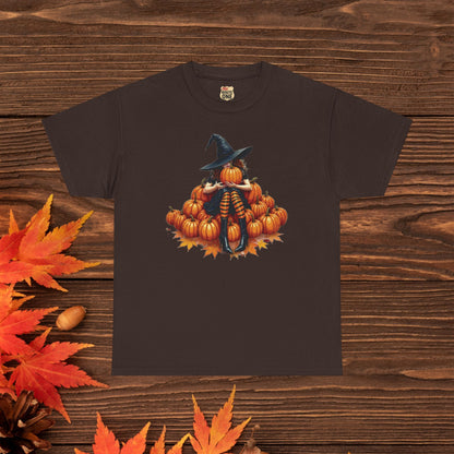 Peeking Witch & Pumpkin Tee, Unisex Heavy Cotton T-Shirt, Spooky Fall Apparel, Halloween Costume Top, Autumn Graphic Tee